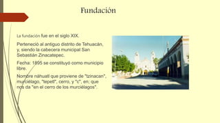 Fundación
La fundación fue en el siglo XIX.
Perteneció al antiguo distrito de Tehuacán,
y, siendo la cabecera municipal San
Sebastián Zinacatepec.
Fecha: 1895 se constituyó como municipio
libre.
Nombre náhuatl que proviene de "tzinacan",
murciélago, "tepetl", cerro, y "c", en; que
nos da "en el cerro de los murciélagos".
 
