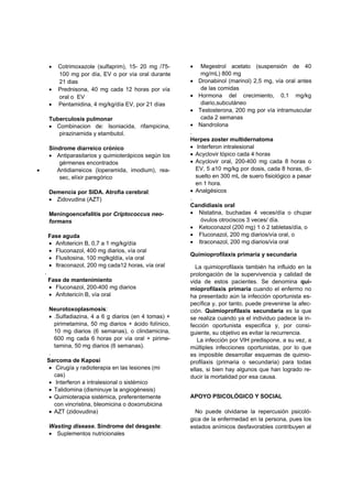 • Cotrimoxazole (sulfaprim), 15- 20 mg /75-
100 mg por día, EV o por vía oral durante
21 dias
• Prednisona, 40 mg cada 12 horas por vía
oral o EV
• Pentamidina, 4 mg/kg/día EV, por 21 días
Tuberculosis pulmonar
• Combinacion de: Isoniacida, rifampicina,
pirazinamida y etambutol.
Síndrome diarreico crónico
• Antiparasitarios y quimioterápicos según los
gérmenes encontrados
• Antidiarreicos (loperamida, imodium), rea-
sec, elíxir paregórico
Demencia por SIDA. Atrofia cerebral:
• Zidovudina (AZT)
Meningoencefalitis por Criptococcus neo-
formans
Fase aguda
• Anfotericin B, 0,7 a 1 mg/kg/día
• Fluconazol, 400 mg diarios, vía oral
• Flusitosina, 100 mglkgldía, vía oral
• Itraconazol, 200 mg cada12 horas, vía oral
.
Fase de mantenimiento
• Fluconazol, 200-400 mg diarios
• Anfotericín B, vía oral
Neurotoxoplasmosis:
• .Sulfadiazina, 4 a 6 g diarios (en 4 tomas) +
pirimetamina, 50 mg diarios + ácido folínico,
10 mg diarios (6 semanas), o clindamicina,
600 mg cada 6 horas por vía oral + pirime-
tamina, 50 mg diarios (6 semanas).
.
Sarcoma de Kaposi
• Cirugía y radioterapia en las lesiones (mi
cas)
• Interferon a intralesional o sistémico
• Talidomina (disminuye la angiogénesis)
• Quimioterapia sistémica, preferentemente
con vincristina, bleomicina o doxorrubicina
• AZT (zidovudina)
Wasting disease. Síndrome del desgaste:
• Suplementos nutricionales
• Megestrol acetato (suspensión de 40
mg/mL) 800 mg
• Dronabinol (marinol) 2,5 mg, vía oral antes
de las comidas
• Hormona del crecimiento, 0,1 mg/kg
diario,subcutáneo
• Testosterona, 200 mg por vía intramuscular
cada 2 semanas
• Nandrolona
.
Herpes zoster multidernatoma
• Interferon intralesional
• Acyclovir tópico cada 4 horas
• Acyclovir oral, 200-400 mg cada 8 horas o
EV, 5 a10 mg/kg por dosis, cada 8 horas, di-
suelto en 300 mL de suero fisiológico a pasar
en 1 hora.
• Analgésicos
.
Candidiasis oral
• Nistatina, buchadas 4 veces/día o chupar
óvulos otrociscos 3 veces/ día.
• Ketoconazol (200 mg) 1 ó 2 tabletas/día, o
• Fluconazol, 200 mg diarios/vía oral, o
• Itraconazol, 200 mg diarios/vía oral
Quimioprofilaxis primaria y secundaria
La quimioprofilaxis también ha influido en la
prolongación de la supervivencia y calidad de
vida de estos pacientes. Se denomina qui-
mioprofilaxis primaria cuando el enfermo no
ha presentado aún la infección oportunista es-
pecífica y, por tanto, puede prevenirse la afec-
ción. Quimioprofilaxis secundaria es la que
se realiza cuando ya el individuo padece la in-
fección oportunista especifica y, por consi-
guiente, su objetivo es evitar la recurrencia.
La infección por VIH predispone, a su vez, a
múltiples infecciones oportunistas, por lo que
es imposible desarrollar esquemas de quimio-
profilaxis (primaria o secundaria) para todas
ellas, si bien hay algunos que han logrado re-
ducir la mortalidad por esa causa.
APOYO PSICOLÓGICO Y SOCIAL
No puede olvidarse la repercusión psicoló-
gica de la enfermedad en la persona, pues los
estados anímicos desfavorables contribuyen al
 