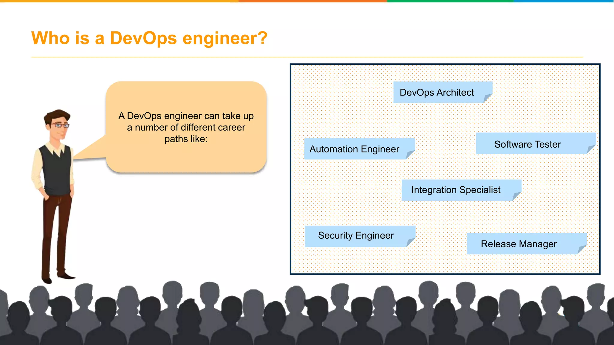 Who is a DevOps engineer? A DevOps engineer can take up a number of different career paths like: DevOps Architect Automation Engineer Software Tester Security Engineer Integration Specialist Release Manager 