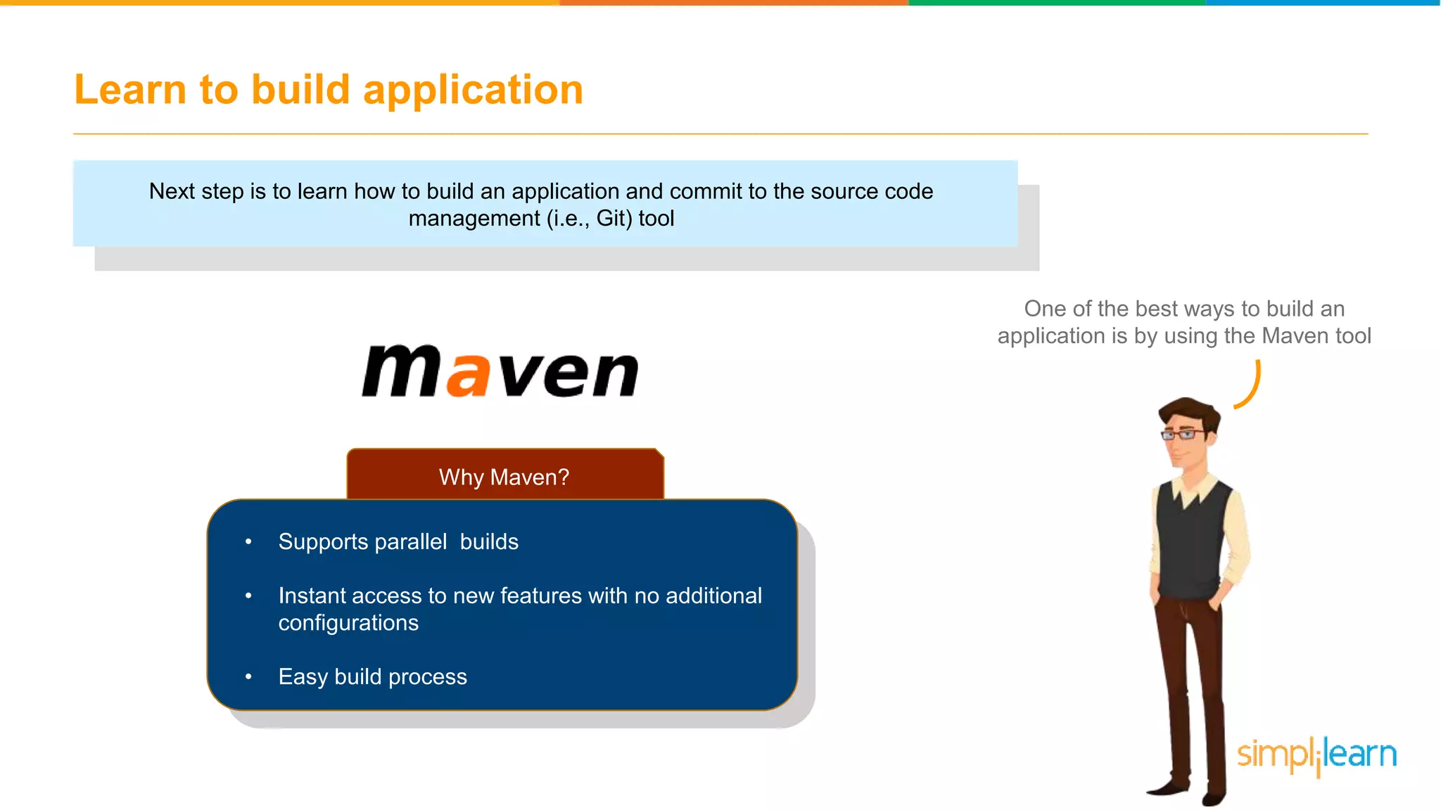 Learn to build application Next step is to learn how to build an application and commit to the source code management (i.e., Git) tool One of the best ways to build an application is by using the Maven tool Why Maven? • Supports parallel builds • Instant access to new features with no additional configurations • Easy build process 