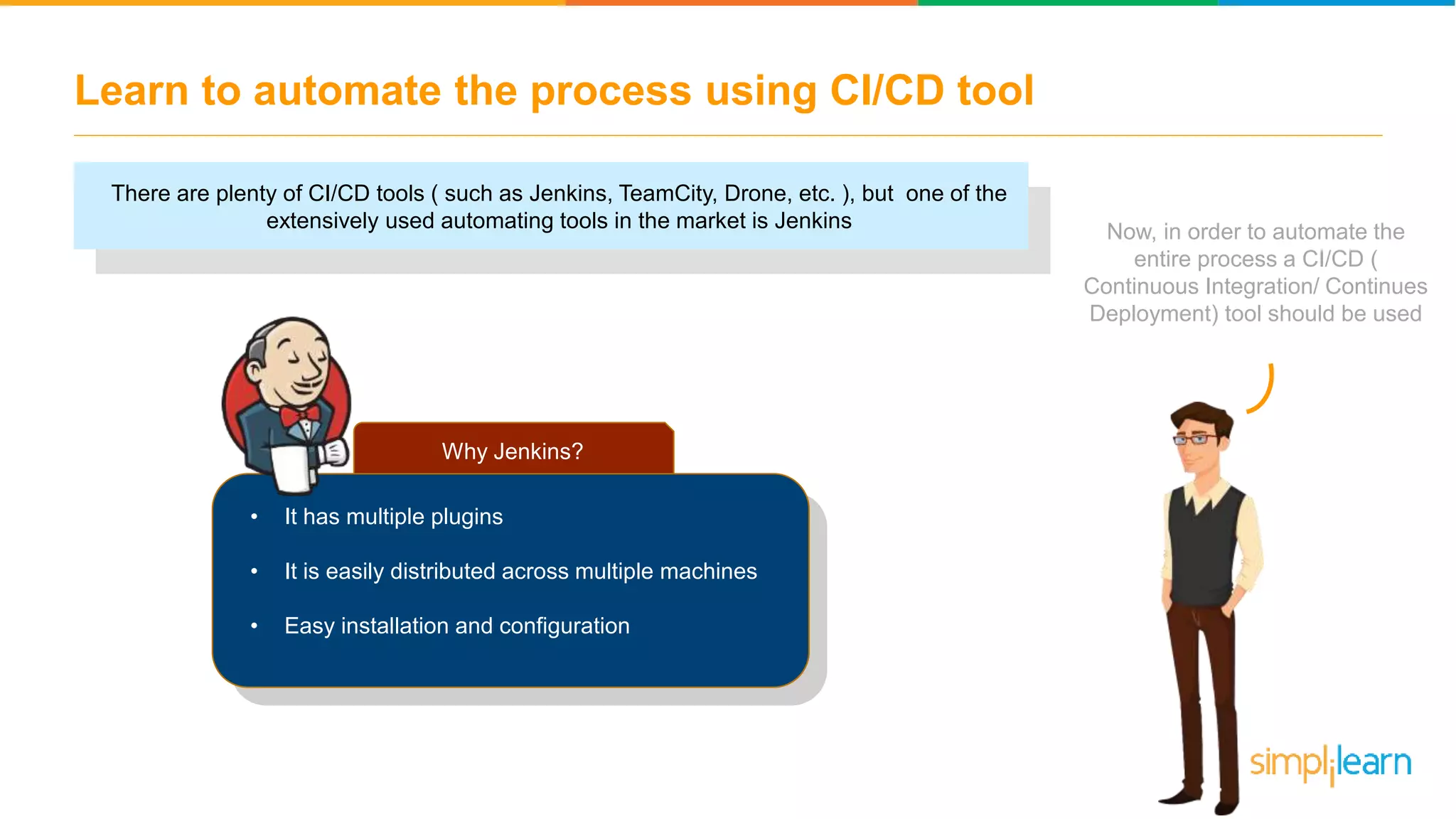 Learn to automate the process using CI/CD tool There are plenty of CI/CD tools ( such as Jenkins, TeamCity, Drone, etc. ), but one of the extensively used automating tools in the market is Jenkins Now, in order to automate the entire process a CI/CD ( Continuous Integration/ Continues Deployment) tool should be used Why Jenkins? • It has multiple plugins • It is easily distributed across multiple machines • Easy installation and configuration 