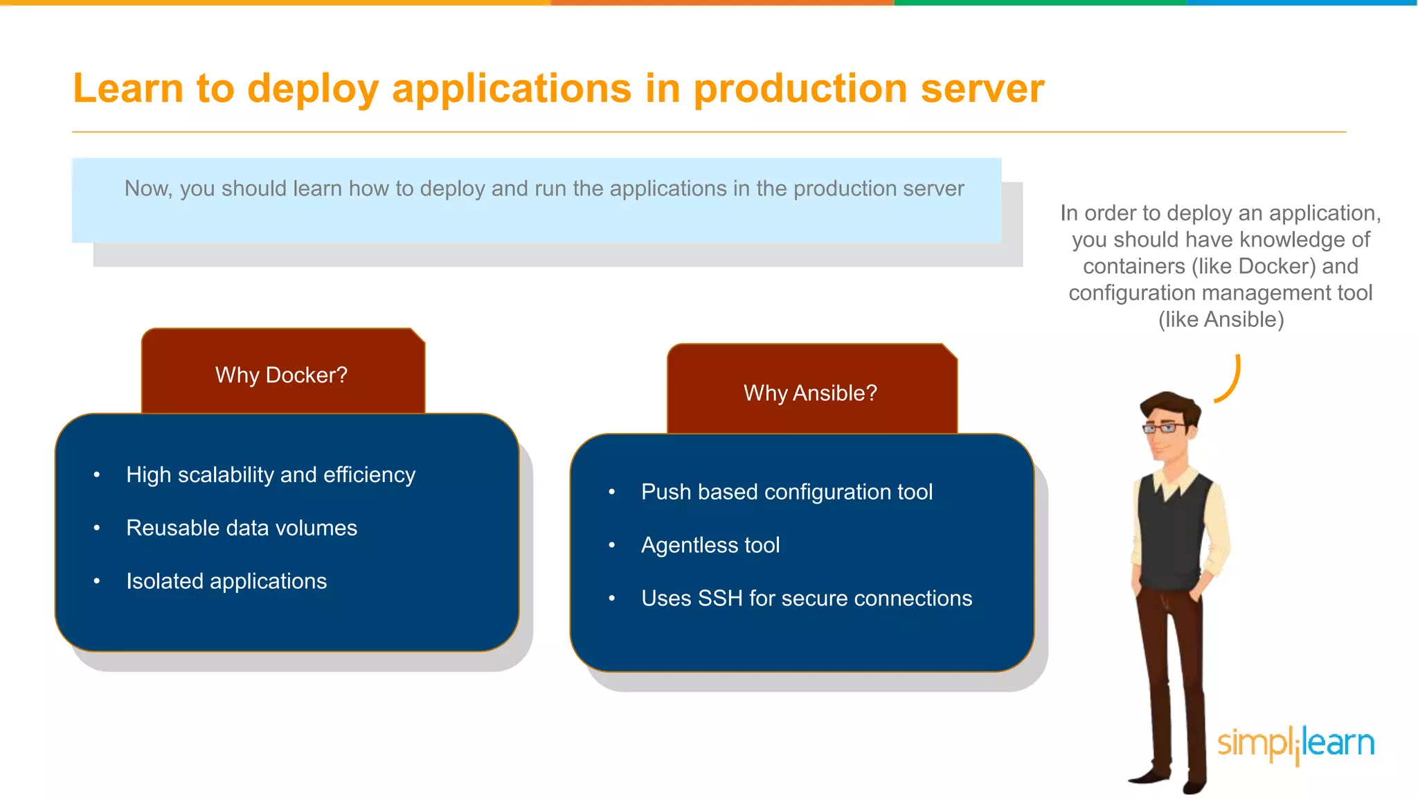 Learn to deploy applications in production server Now, you should learn how to deploy and run the applications in the production server In order to deploy an application, you should have knowledge of containers (like Docker) and configuration management tool (like Ansible) Why Docker? • High scalability and efficiency • Reusable data volumes • Isolated applications Why Ansible? • Push based configuration tool • Agentless tool • Uses SSH for secure connections 