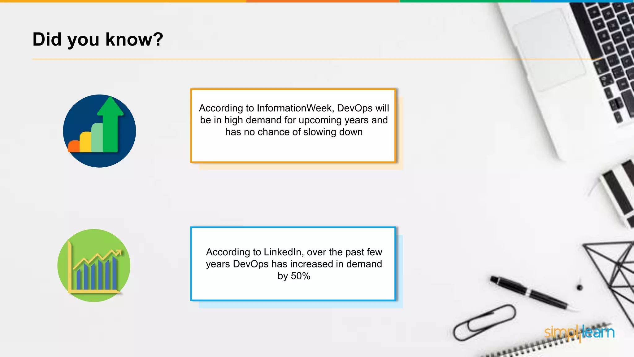 Did you know? According to InformationWeek, DevOps will be in high demand for upcoming years and has no chance of slowing down According to LinkedIn, over the past few years DevOps has increased in demand by 50% 