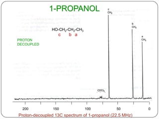 1-PROPANOL
HO-CH2-CH2-CH3

c

b a

PROTON
DECOUPLED

200

150

100

50

Proton-decoupled 13C spectrum of 1-propanol (22.5 MHz)

0

 