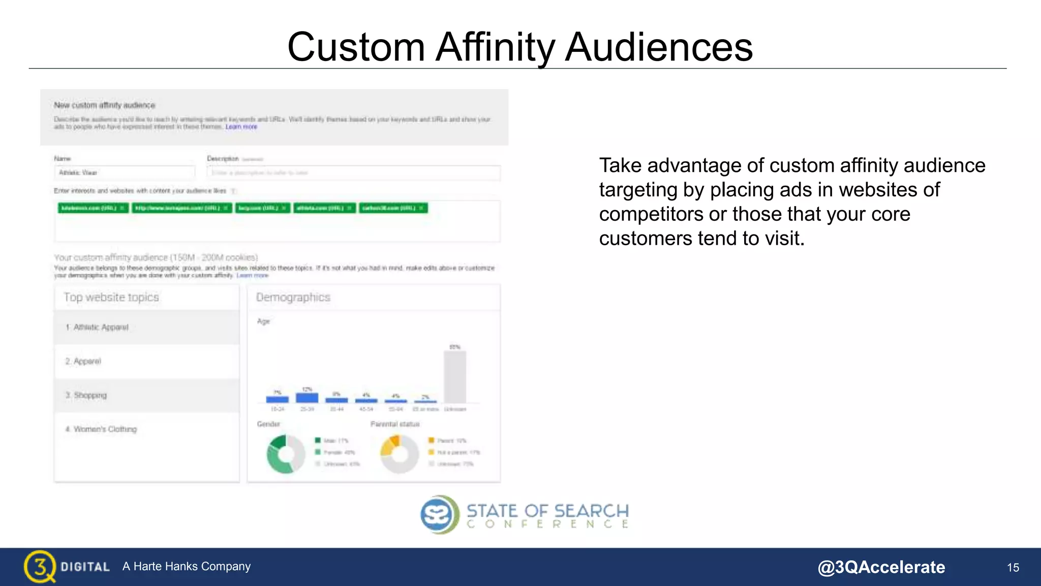15A Harte Hanks Company
Custom Affinity Audiences
Take advantage of custom affinity audience
targeting by placing ads in websites of
competitors or those that your core
customers tend to visit.
@3QAccelerate
 