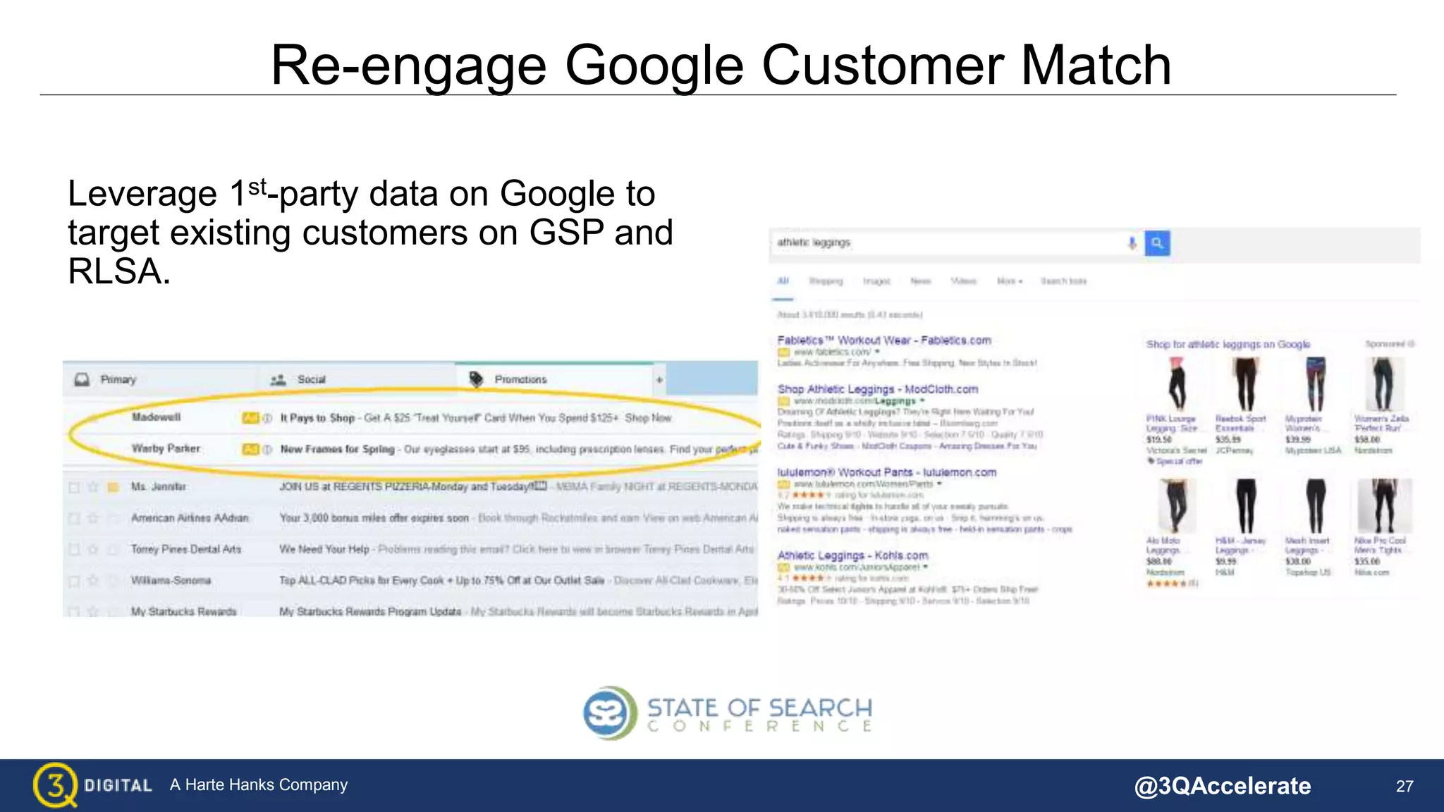 27A Harte Hanks Company
Re-engage Google Customer Match
Leverage 1st-party data on Google to
target existing customers on GSP and
RLSA.
@3QAccelerate
 