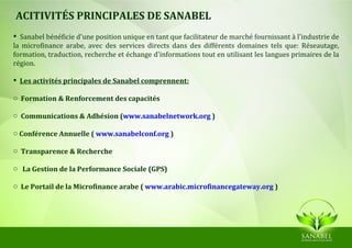 ACITIVITÉS PRINCIPALES DE SANABEL
 Sanabel bénéficie d'une position unique en tant que facilitateur de marché fournissant à l'industrie de
la microfinance arabe, avec des services directs dans des différents domaines tels que: Réseautage,
formation, traduction, recherche et échange d'informations tout en utilisant les langues primaires de la
région.

 Les activités principales de Sanabel comprennent:

o Formation & Renforcement des capacités

o Communications & Adhésion (www.sanabelnetwork.org )

o Conférence Annuelle ( www.sanabelconf.org )

o Transparence & Recherche

o La Gestion de la Performance Sociale (GPS)

o Le Portail de la Microfinance arabe ( www.arabic.microfinancegateway.org )
 