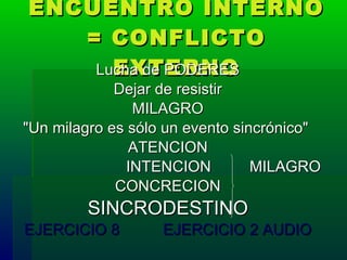 ENCUENTRO INTERNO = CONFLICTO EXTERNO Lucha de PODERES Dejar de resistir MILAGRO "Un milagro es sólo un evento sincrónico"  ATENCION INTENCION  MILAGRO CONCRECION SINCRODESTINO EJERCICIO 8 EJERCICIO 2 AUDIO 