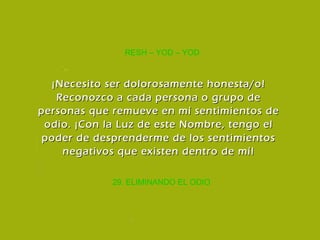 29. ELIMINANDO EL ODIO RESH – YOD – YOD ¡Necesito ser dolorosamente honesta/o! Reconozco a cada persona o grupo de personas que remueve en mí sentimientos de odio. ¡Con la Luz de este Nombre, tengo el poder de desprenderme de los sentimientos negativos que existen dentro de mí! 