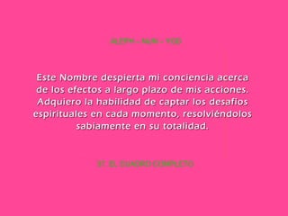 37. EL CUADRO COMPLETO ALEPH – NUN – YOD Este Nombre despierta mi conciencia acerca de los efectos a largo plazo de mis acciones. Adquiero la habilidad de captar los desafíos espirituales en cada momento, resolviéndolos sabiamente en su totalidad. 
