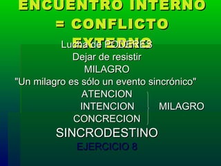 ENCUENTRO INTERNO = CONFLICTO EXTERNO Lucha de PODERES Dejar de resistir MILAGRO "Un milagro es sólo un evento sincrónico"  ATENCION INTENCION  MILAGRO CONCRECION SINCRODESTINO EJERCICIO 8 