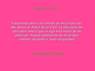 34. OLVIDARSE DE SÍ MISMO LAMED – HEI – CHET Trasciendo ahora los límites de mi propio ser. Me aferro al Árbol de la Vida. La felicidad me descubre ahora que el ego está fuera de mi atención. Puedo apartarme de mi propio camino, dejando ir toda terquedad. 