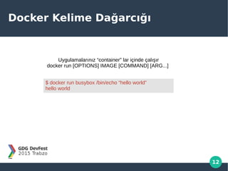12
Docker Kelime Dağarcığı
Uygulamalarınız “container” lar içinde çalışır
docker run [OPTIONS] IMAGE [COMMAND] [ARG...]
$ docker run busybox /bin/echo “hello world”
hello world
 
