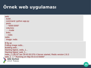 20
Örnek web uygulaması
web:
build: .
command: python app.py
ports:
- "5000:5000"
volumes:
- .:/code
links:
- redis
redis:
image: redis
$ fig up
Pulling image redis...
Building web...
Starting figtest_redis_1...
Starting figtest_web_1...
redis_1 | [8] 02 Jan 18:43:35.576 # Server started, Redis version 2.8.3
web_1 | * Running on http://0.0.0.0:5000/”
 