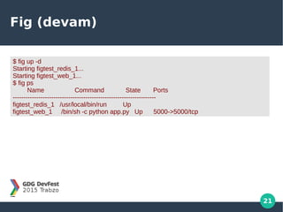 21
Fig (devam)
$ fig up -d
Starting figtest_redis_1...
Starting figtest_web_1...
$ fig ps
Name Command State Ports
-------------------------------------------------------------------
figtest_redis_1 /usr/local/bin/run Up
figtest_web_1 /bin/sh -c python app.py Up 5000->5000/tcp
 