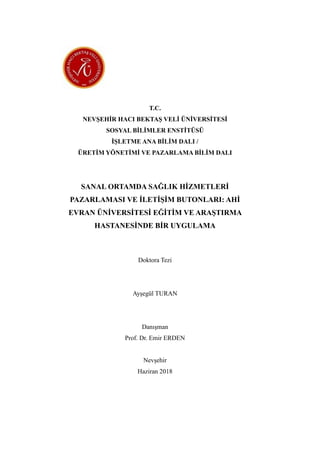 T.C.
NEVġEHĠR HACI BEKTAġ VELĠ ÜNĠVERSĠTESĠ
SOSYAL BĠLĠMLER ENSTĠTÜSÜ
ĠġLETME ANA BĠLĠM DALI /
ÜRETĠM YÖNETĠMĠ VE PAZARLAMA BĠLĠM DALI
SANAL ORTAMDA SAĞLIK HĠZMETLERĠ
PAZARLAMASI VE ĠLETĠġĠM BUTONLARI: AHĠ
EVRAN ÜNĠVERSĠTESĠ EĞĠTĠM VE ARAġTIRMA
HASTANESĠNDE BĠR UYGULAMA
Doktora Tezi
AyĢegül TURAN
DanıĢman
Prof. Dr. Emir ERDEN
NevĢehir
Haziran 2018
 