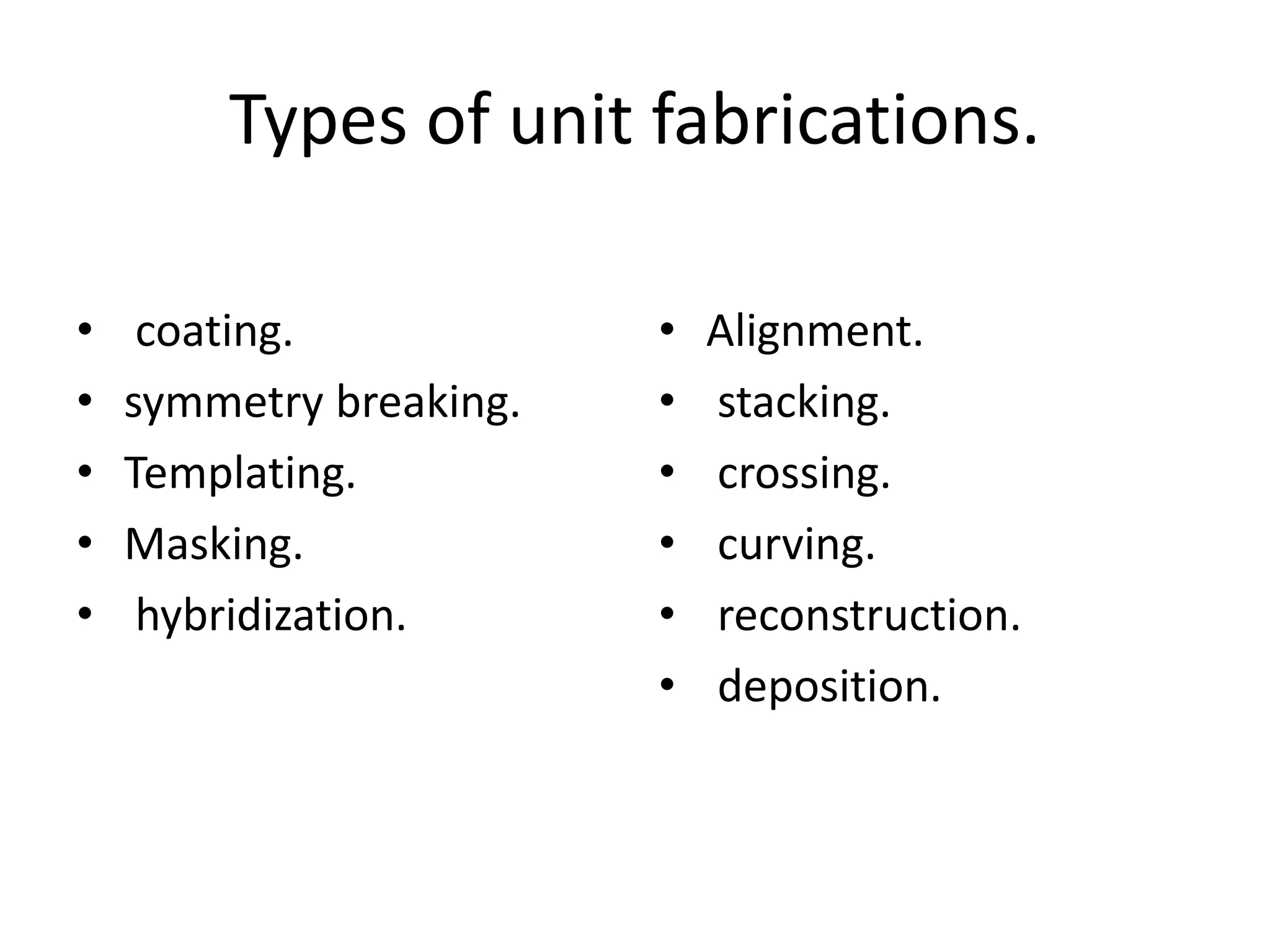 Types of unit fabrications.
• coating.
• symmetry breaking.
• Templating.
• Masking.
• hybridization.
• Alignment.
• stacking.
• crossing.
• curving.
• reconstruction.
• deposition.
 