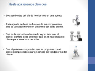 Hasta acá tenemos claro que:
• Los pendientes del día de hoy los veo en una agenda
• Esta agenda se llena en función de los compromisos
que se van adquiriendo en el camino con cada cliente.
• Que en la ejecución además de logran interesar al
cliente, siempre debo entender cual es la ruta critica del
cliente para tomar una decisión.
• Que el próximo compromiso que se programe con el
cliente siempre debe estar en cancha del vendedor no del
cliente
 