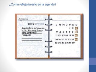 ¿Como reflejaría esto en la agenda?
20/07/2012
Mandarle la infomación
al Sr, Merino y llamar
para confirmar
recepción
 