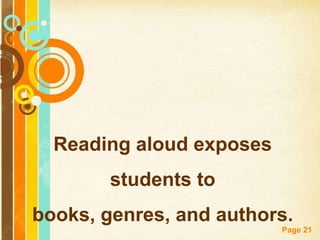 Reading aloud exposes
        students to
books, genres, and authors.
                          Page 21
 