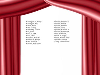 Washington Jr. ,  Phillip Washington ,  Roy Watson ,  Renee Watts ,  Evamay Weathersby ,  Melissa Weir ,  Golda White Jr. ,  Ed L. White ,  Edd L. Whitehead ,  Mary W. Whitfield Jr. ,  George Wilks ,  Sharon T. Williams ,  Betty Lewis Williams ,  Clarence R. Williams ,  Gerald Williams ,  Herman Williams ,  Joyce Williams ,  Kathleen D. Williams ,  Lawrence R. Willis ,  Veronda F. Wilson Jr. ,  Floyd Wilson ,  Marzell Mims Wiltshire ,  Travis E. Young ,  Vera Williams 