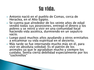    Antonio nació en el pueblo de Comas, cerca de
    Heraclea, en el Alto Egipto.
   Se cuenta que alrededor de los veinte años de edad
    vendió todas sus posesiones, entregó el dinero a los
    pobres y se retiró a vivir en una comunidad local
    haciendo vida ascética, durmiendo en un sepulcro
    vacío.
   Luego pasó muchos años ayudando a otros ermitaños
    a encaminar su vida espiritual en el desierto.
   Más tarde se fue internando mucho más en él, para
    vivir en absoluta soledad. Es el patrón de los
    animales ya que le agradaban mucho y siempre los
    cuidaba. Sentía cierta debilidad especialmente por los
    "cochinillos"
 