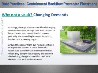 Why not a vault? Liability
Best Practices: Containment Backflow Preventer Placement
When a vault floods like this one, the
mandatory test cocks are submerged, and in
that event, a violation of the International
Plumbing has already occurred. Consider what
would typically make up that that water. Runoff
of lawn chemicals alone make this a clear and
present danger to the water supply. In fact, it
led the USC Foundation of Cross Connection &
Hydraulic Research in 2005 to change their
recommendation of even double check BFP
installation in vaults. “The foundation’s recommendation would be
to install the double check valve above grade.”
- USC-FCCHR “Crosstalk, Summer 2005
 