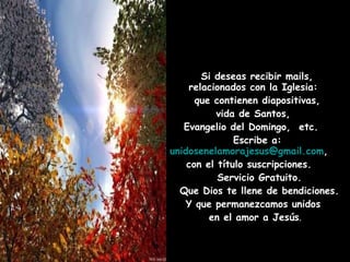Si deseas recibir mails, relacionados con la Iglesia:  que contienen diapositivas, vida de Santos,  Evangelio del Domingo,  etc.  Escribe a:  [email_address] ,  con el título suscripciones.  Servicio Gratuito. Que Dios te llene de bendiciones. Y que permanezcamos unidos  en el amor a Jesús . 