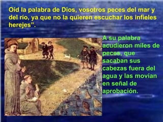Oíd la palabra de Dios, vosotros peces del mar y del río, ya que no la quieren escuchar los infieles herejes”. A su palabra acudieron miles de peces, que sacaban sus cabezas fuera del agua y las movían en señal de aprobación. 