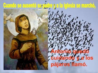 Cuando se ausentó su padre y a la iglesia se marchó, Antonio quedó cuidando y a los pájaros llamó. 