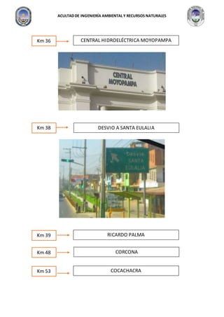 ACULTAD DE INGENIERÍA AMBIENTAL Y RECURSOS NATURALES
Km 38 DESVIO A SANTA EULALIA
Km 36 CENTRAL HIDROELÉCTRICA MOYOPAMPA
Km 39 RICARDO PALMA
Km 48 CORCONA
Km 53 COCACHACRA
 