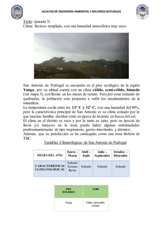 ACULTAD DE INGENIERÍA AMBIENTAL Y RECURSOS NATURALES
Ticlio: (parada 3)
Clima: lluvioso templado, con una humedad atmosférica muy seco.
San Antonio de Pedregal se encuentra en el piso ecológico de la región
Yunga, por su altitud cuenta con un clima cálido, semi-cálido, húmedo
(ver mapa 3), conlluvias en los meses de verano. Pero por estar rodeado de
quebradas, la población esta propensa a sufrir los ensañamientos de la
naturaleza.
La temperatura oscila entre los 13º C y 32º C, con una humedad del 80%,
pero la característica principal de San Antonio es su clima soleado por lo
que muchas familias deciden venir en época de invierno en busca del sol.
El clima en el distrito es seco y por lo tanto es sano, pero en épocas de
lluvia y/o huaycos en la zona puede haber algunas enfermedades
predominantemente de tipo respiratorio, gastro-intestinales y dérmico.
Además, que su jurisdicción se ha catalogado como una zona Bolsón de
TBC.
Variables Climatológicas de San Antonio de Pedregal
MESES DEL AÑO
Enero -
Marzo
Abril -
Junio
Julio -
Septiembre
Octubre –
Diciembre
CARACTERÍSTICAS
CLIMATOLÓGICAS
Soleado
Escasas
lluvias
Soleado Soleado Soleado
PISO
ECOLÓGICO
CLIMA
Yunga Cálido, semi-cálido,
húmedo
 