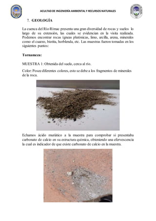 ACULTAD DE INGENIERÍA AMBIENTAL Y RECURSOS NATURALES
7. GEOLOGÍA
La cuenca del Río Rímac presenta una gran diversidad de rocas y suelos lo
largo de su extensión, las cuales se evidencian en la visita realizada.
Podemos encontrar rocas ígneas plutónicas, limo, arcilla, arena, minerales
como el cuarzo, biotita, horblenda, etc. Las muestras fueron tomadas en los
siguientes puntos:
Tornameza:
MUESTRA 1: Obtenida del suelo, cerca al río.
Color: Posee diferentes colores, esto se debe a los fragmentos de minerales
de la roca.
Echamos ácido muriático a la muestra para comprobar si presentaba
carbonato de calcio en su estructura química, obteniendo una efervescencia
la cual es indicador de que existe carbonato de calcio en la muestra.
 