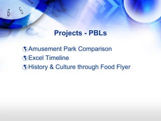 Projects - PBLs

 Amusement Park Comparison
 Excel Timeline
 History & Culture through Food Flyer
 