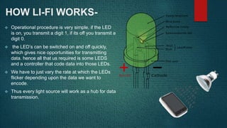 HOW LI-FI WORKS-
 Operational procedure is very simple, if the LED
is on, you transmit a digit 1, if its off you transmit a
digit 0.
 the LED’s can be switched on and off quickly,
which gives nice opportunities for transmitting
data. hence all that us required is some LEDS
and a controller that code data into those LEDs.
 We have to just vary the rate at which the LEDs
flicker depending upon the data we want to
encode.
 Thus every light source will work as a hub for data
transmission.
 