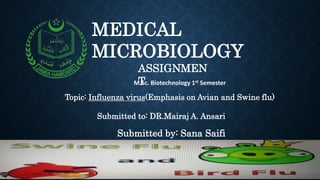 MEDICAL
MICROBIOLOGY
ASSIGNMEN
T
M.Sc. Biotechnology 1st Semester
Topic: Influenza virus(Emphasis on Avian and Swine flu)
Submitted to: DR.Mairaj A. Ansari
Submitted by: Sana Saifi
 