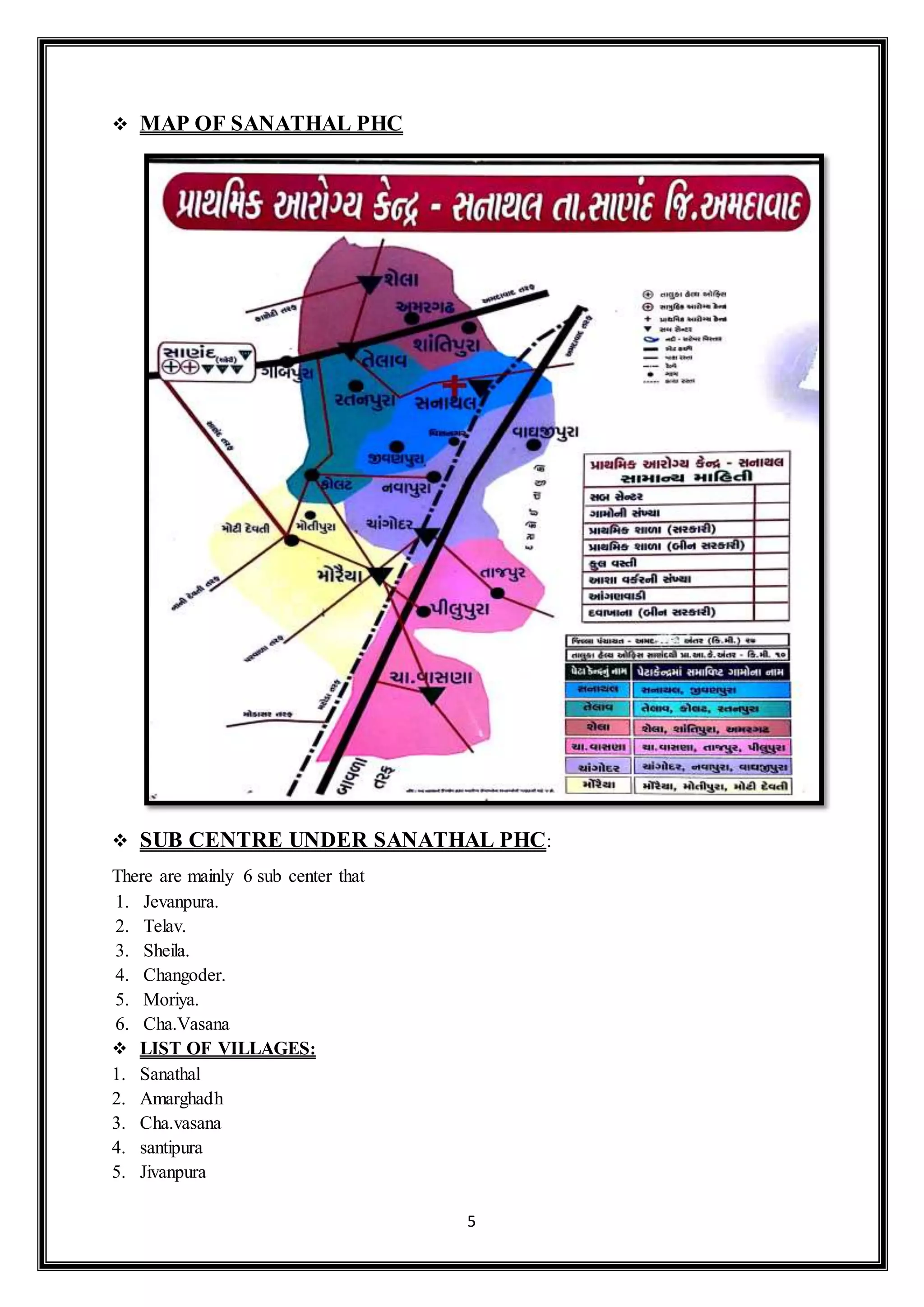 5
 MAP OF SANATHAL PHC
 SUB CENTRE UNDER SANATHAL PHC:
There are mainly 6 sub center that
1. Jevanpura.
2. Telav.
3. Sheila.
4. Changoder.
5. Moriya.
6. Cha.Vasana
 LIST OF VILLAGES:
1. Sanathal
2. Amarghadh
3. Cha.vasana
4. santipura
5. Jivanpura
 