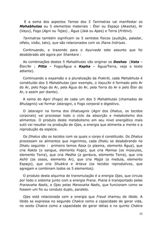 13
E a soma dos aspectos Tamas dos 5 Tanmatras vai manifestar os
Mahabhutas ou 5 elementos materiais : Éter ou Espaço (Akasha), Ar
(Vayu), Fogo (Agni ou Tejas) , Água (Jala ou Apas) e Terra (Prittivi).
Tanmatras também significam os 5 sentidos físicos (audição, paladar,
olfato, visão, tato), que são relacionados com os Jñana Indriyas.
Continuando, e trazendo para o Ayurveda este assunto que foi
desdobrado até agora por Shankara :
As combinações destes 5 Mahabhutas vão originar os Doshas (Vata –
Éter/Ar ; Pitta – Fogo/Água e Kapha – Água/Terra, veja o texto
adiante).
Continuando a expansão e a pluralização da Prakriti, cada Mahabhuta é
constituído dos 5 Mahabhutas (por exemplo, o Vayu/Ar é formado pelo Ar
do Ar, pelo Fogo do Ar, pela Água do Ar, pela Terra do Ar e pelo Éter do
Ar, e assim por diante).
A soma do Agni (Fogo) de cada um dos 5 Mahabhutas (chamados de
Bhutagnis) vai formar Jataragni, o Fogo corporal e digestivo.
O Jataragni na forma dos Dhatuagnis (Agni dos Dhatus, os tecidos
corporais) vai processar todo o ciclo da absorção e metabolismo dos
alimentos. O produto deste metabolismo em seu nível energético mais
sutil vai resultar na produção de Ojas, a energia que alimenta a mente e a
reprodução da espécie.
Os Dhatus são os tecidos com os quais o corpo é constituido. Os Dhatus
processam os alimentos que ingerimos, cada Dhatu se desdobrando no
Dhatu seguinte : primeiro temos Rasa (o plasma, elemento Água), que
cria Rakta (o sangue, elemento Fogo), que cria Mamsa (os músculos,
elemento Terra), que cria Medha (a gordura, elemento Terra), que cria
Ashti (os ossos, elemento Ar), que cria Majja (a medula, elemento
Espaço), que cria Shukkra e Artava (os tecidos reprodutivos, que
agregam e combinam todos os 5 elementos).
O produto desta alquimia de transmutação é a energia Ojas, que circula
por todo o sistema junto com a energia Prana. Prana é transportado pelas
Pranavaha Nadis, e Ojas pelas Manovaha Nadis, que funcionam como se
fossem um fio ou conduto duplo, paralelo.
Ojas está relacionada com a energia que Freud chamou de libido. A
libido se expressa no segundo Chakra como a capacidade de gerar vida,
no sexto Chakra como a capacidade de gerar idéias e no quinto Chakra
 