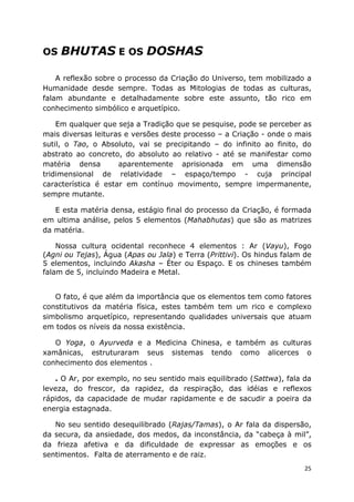 25
OS BHUTAS E OS DOSHAS
A reflexão sobre o processo da Criação do Universo, tem mobilizado a
Humanidade desde sempre. Todas as Mitologias de todas as culturas,
falam abundante e detalhadamente sobre este assunto, tão rico em
conhecimento simbólico e arquetípico.
Em qualquer que seja a Tradição que se pesquise, pode se perceber as
mais diversas leituras e versões deste processo – a Criação - onde o mais
sutil, o Tao, o Absoluto, vai se precipitando – do infinito ao finito, do
abstrato ao concreto, do absoluto ao relativo - até se manifestar como
matéria densa aparentemente aprisionada em uma dimensão
tridimensional de relatividade – espaço/tempo - cuja principal
característica é estar em contínuo movimento, sempre impermanente,
sempre mutante.
E esta matéria densa, estágio final do processo da Criação, é formada
em ultima análise, pelos 5 elementos (Mahabhutas) que são as matrizes
da matéria.
Nossa cultura ocidental reconhece 4 elementos : Ar (Vayu), Fogo
(Agni ou Tejas), Água (Apas ou Jala) e Terra (Prittivi). Os hindus falam de
5 elementos, incluindo Akasha – Éter ou Espaço. E os chineses também
falam de 5, incluindo Madeira e Metal.
O fato, é que além da importância que os elementos tem como fatores
constitutivos da matéria física, estes também tem um rico e complexo
simbolismo arquetípico, representando qualidades universais que atuam
em todos os níveis da nossa existência.
O Yoga, o Ayurveda e a Medicina Chinesa, e também as culturas
xamânicas, estruturaram seus sistemas tendo como alicerces o
conhecimento dos elementos .
. O Ar, por exemplo, no seu sentido mais equilibrado (Sattwa), fala da
leveza, do frescor, da rapidez, da respiração, das idéias e reflexos
rápidos, da capacidade de mudar rapidamente e de sacudir a poeira da
energia estagnada.
No seu sentido desequilibrado (Rajas/Tamas), o Ar fala da dispersão,
da secura, da ansiedade, dos medos, da inconstância, da “cabeça à mil”,
da frieza afetiva e da dificuldade de expressar as emoções e os
sentimentos. Falta de aterramento e de raiz.
 