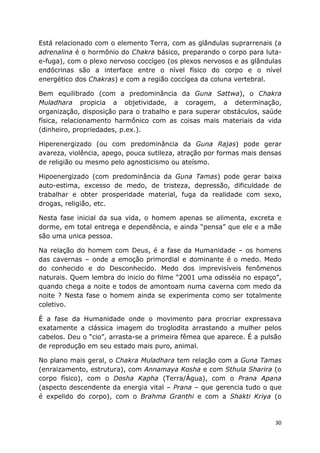 30
Está relacionado com o elemento Terra, com as glândulas suprarrenais (a
adrenalina é o hormônio do Chakra básico, preparando o corpo para luta-
e-fuga), com o plexo nervoso coccígeo (os plexos nervosos e as glândulas
endócrinas são a interface entre o nível físico do corpo e o nível
energético dos Chakras) e com a região coccígea da coluna vertebral.
Bem equilibrado (com a predominância da Guna Sattwa), o Chakra
Muladhara propicia a objetividade, a coragem, a determinação,
organização, disposição para o trabalho e para superar obstáculos, saúde
física, relacionamento harmônico com as coisas mais materiais da vida
(dinheiro, propriedades, p.ex.).
Hiperenergizado (ou com predominância da Guna Rajas) pode gerar
avareza, violência, apego, pouca sutileza, atração por formas mais densas
de religião ou mesmo pelo agnosticismo ou ateísmo.
Hipoenergizado (com predominância da Guna Tamas) pode gerar baixa
auto-estima, excesso de medo, de tristeza, depressão, dificuldade de
trabalhar e obter prosperidade material, fuga da realidade com sexo,
drogas, religião, etc.
Nesta fase inicial da sua vida, o homem apenas se alimenta, excreta e
dorme, em total entrega e dependência, e ainda “pensa” que ele e a mãe
são uma unica pessoa.
Na relação do homem com Deus, é a fase da Humanidade – os homens
das cavernas – onde a emoção primordial e dominante é o medo. Medo
do conhecido e do Desconhecido. Medo dos imprevisíveis fenômenos
naturais. Quem lembra do inicio do filme “2001 uma odisséia no espaço”,
quando chega a noite e todos de amontoam numa caverna com medo da
noite ? Nesta fase o homem ainda se experimenta como ser totalmente
coletivo.
É a fase da Humanidade onde o movimento para procriar expressava
exatamente a clássica imagem do troglodita arrastando a mulher pelos
cabelos. Deu o “cio”, arrasta-se a primeira fêmea que aparece. É a pulsão
de reprodução em seu estado mais puro, animal.
No plano mais geral, o Chakra Muladhara tem relação com a Guna Tamas
(enraizamento, estrutura), com Annamaya Kosha e com Sthula Sharira (o
corpo físico), com o Dosha Kapha (Terra/Água), com o Prana Apana
(aspecto descendente da energia vital – Prana – que gerencia tudo o que
é expelido do corpo), com o Brahma Granthi e com a Shakti Kriya (o
 