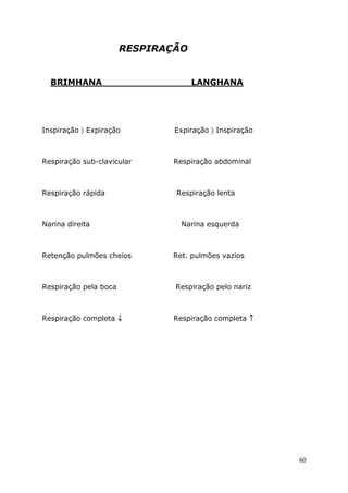 60
RESPIRAÇÃO
BRIMHANA LANGHANA
Inspiração 〉 Expiração Expiração 〉 Inspiração
Respiração sub-clavicular Respiração abdominal
Respiração rápida Respiração lenta
Narina direita Narina esquerda
Retenção pulmões cheios Ret. pulmões vazios
Respiração pela boca Respiração pelo nariz
Respiração completa ↓↓↓↓ Respiração completa ↑↑↑↑
 