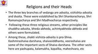 Religions and their Heads
• The three key branches of vedanga are advaita, vishishta-advaita
and dvaita. These were established by Shri Shankaracharya, Shri
Ramanujacharya and Shri Madhvacharya respectively.
• Following these three religious streams, other principles like
shuddha-advaita, bheda-abheda, achintyabheda-abheda and
others were formulated.
• Among these, shakti vishista-advaita is pro-Shiva.
Kashmirashaiva darshana, shaivasiddhanta, veerashaiva are
some of the important sects of Shaiva darshana. The other sects
here are pashupata, kalamukha, kapalika, maheshvara, etc
 
