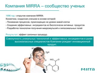 Компания  MIRRA –  сообщество ученых 1996 год  - открытие компании  MIRRA Косметика, созданная учеными в основе которой: - Понимание процессов, происходящих на уровне живой клетки - Создание эффективных  ингредиентов из биологически активных  продуктов -   Разработка технологии получения микроэмульсий и липосомальных гелей Результат : эффект салонных процедур. Совокупность   уникальных технологий и эффективных ингредиентов   в   руках высококлассных специалистов Компании рождает инновационный продукт.  