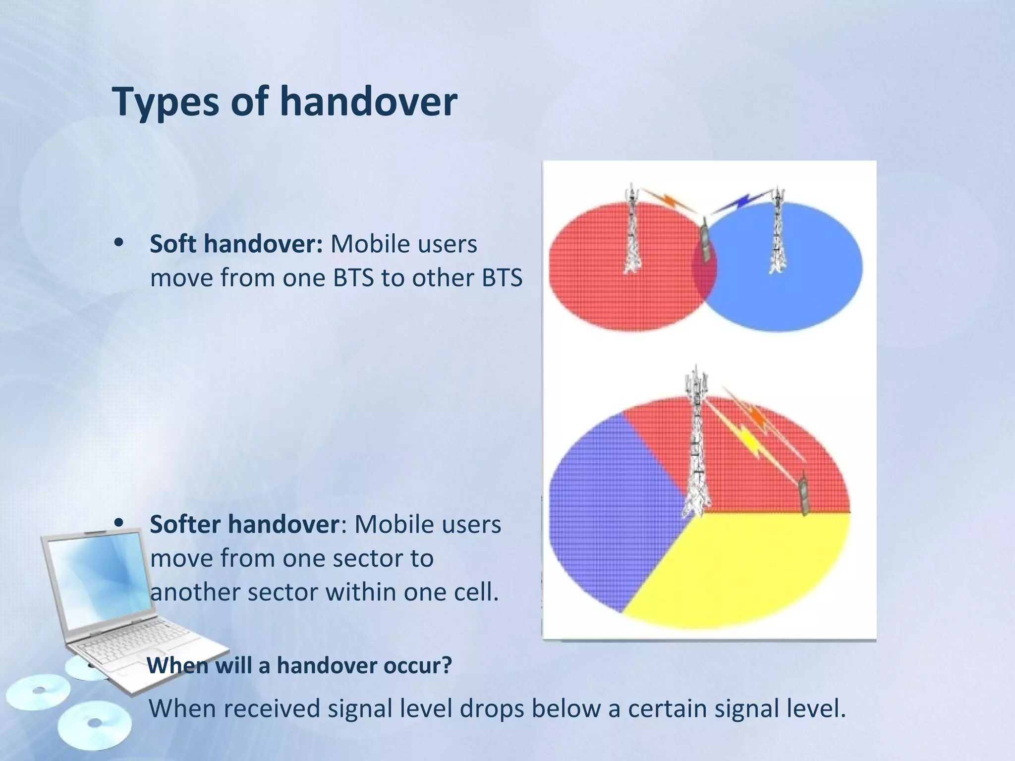 Types of handover
• Soft handover: Mobile users
move from one BTS to other BTS
• Softer handover: Mobile users
move from one sector to
another sector within one cell.
When will a handover occur?
When received signal level drops below a certain signal level.
 