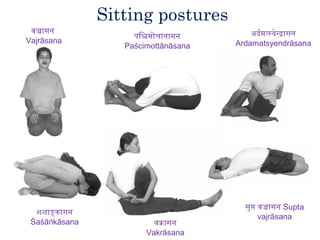 Sitting postures
 वज्रासन                                 अदर्वन्तमत्सयेनदासन
                    पिशमोत्तिानासन
Vajrāsana                            Ardamatsyendrāsana
                  Paścimottānāsana




                                        सुप्ति वज्रासन Supta
  शशाङकासन
                                               vajrāsana
 Śaśāṅkāsana             वकासन
                       Vakrāsana
 