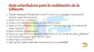 Guía orientadora para la realización de la
bitácora
1. ¿Dónde habitaban? ¿Actualmente existen? ¿Cuál era su ubicación exactamente?
(anexar mapa con ubicación).
2. ¿Cómo eran sus viviendas?
3. ¿Cuales eran las características de sus vestimentas?
4. ¿Qué tipo de actividades los caracterizaban? ¿Utilizaban algún tipo de sistema de
cultivo especial?
5. ¿Eran nómades o sedentarios?
6. ¿Cómo se organizaban socialmente? ¿Cuàles fueron sus armas de caza y defensa?
7. ¿Se caracterizaban por algún tipo de oficio?
8. ¿Qué religión practicaban?
9. ¿qué tipo de huellas materiales encontramos en la actualidad?
 