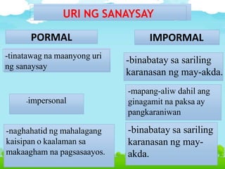 3/20/2016
URI NG SANAYSAY
PORMAL IMPORMAL
-tinatawag na maanyong uri
ng sanaysay
-impersonal
-naghahatid ng mahalagang
kaisipan o kaalaman sa
makaagham na pagsasaayos.
-binabatay sa sariling
karanasan ng may-akda.
-mapang-aliw dahil ang
ginagamit na paksa ay
pangkaraniwan
-binabatay sa sariling
karanasan ng may-
akda.
 