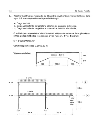 112 5.2 Sección Variables
3.- Resolver la estructura mostrada. Se dibujará la envolvente de momento flector de la
viga 2-5, contemplando tres hipótesis de carga:
6 ton
4 ton
a.- Carga vertical.
b.- Carga vertical más carga lateral obrando de izquierda a derecha.
c.- Carga vertical más carga lateral obrando de derecha a izquierda.
El análisis por carga vertical y lateral se hará independientemente. Se sugiere redu-
cir los grados de libertad rotacionales en los nudos 1, 4 Y 7. Suponer:
E = 2'000,000 ton/m2
Columnas prismáticas 0.30xO.60 m
Vigas acarteladas:
ｾ＠ N
f
espesor = 0.30 m ! 0.40
--------------- t
, i i 0.40
1.50 I 2.00 m :1 1.50 . J.
ｴｾｾｾ＠ ···t .r - . *
5 ton/m
[11 UlIUJII [J 1IIIUHTrITTIJULLIJ . .Jc-
.>.------------..,
3 6
i 3.0m
5 ton/m
.::> 1-'-"1
1..;;.;..1I.:...:..;lli""",'1
r..:..;:;;UJ:.=IJ..;;.;..lI.:...:..;III""",1
[.:.;:..[J:.:.o;r]];;;;;.;;I[,;..;;.;,1Tl;;;:...;J
1+-1.:....:...;11T""",1l..;;;;.[]1=IJ:;:..;,]
I..:;;:.;U"""ITT...:....:,;IT;;.;:;;.l1l"""ll;.:;.:,.ll1=1
f..;;;.:...;;nI
j
7 ｾ､＠
2
.,'" 5.0m
;j'"
5
,'"
viga
sobre 3.0 m
viga
4 ｾ＠
5.0m I
I
)-
 