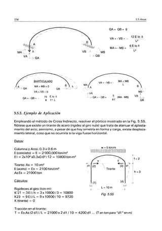 154
BIARTICULADO
MA= MB=O
VA =V8 = O
as
OA= - OS= -
15 E lo 6
8 f2 L
5.5.2. Ejemplo de Aplicación
5.5 Arcos
OA= OB = O
12 E lo o
VA =-VB = - -
L3
6E lo o
MA = - MB = ----
L2
VA=-VS= -
MA+MS
L
MA
"VA
I
; ;> OA= - OS= 5 (MA- MS)
8f
Empleando el método de Cross Indirecto, resolver el pórtico mostrado en la Fig. 5.55.
Nótese que existe un tirante de acero (rigidez al giro nula) que trata de atenuar el aplasta-
miento del arco; asimismo, a pesar de que hay simetría en forma y carga, existe desplaza-
miento lateral, cosa que no ocurriría si la viga fuese horizontal.
Da1QS:
Columna y Arco: 0.3 x 0.6 m
E(concreto) = E = 2'000,000 ton/m2
El = 2xlOB
xO.3xO.63
112 = 108ooton-m2
Tirante: As = 10 cm2
E (acero) = Es = 2100ton/cm2
As Es = 21000 ton
Cálculos:
Rigideces al giro (ton-m):
K'21 = 3EI/h = 3x 10800/3 = 10800
K23 = 9 EI/ L = 9 x 10800 / 10 = 9720
K (tirante) = O
Tracción en el tirante:
w =5 ton/m
Ir1I nIlUlllillTInTnllll
ｾＫ＠
I
ｴｴｾＭ ｾ＠
!d1 d1 I
Tirante !
" (1) (4) -J-
'"".
' ｾＮ＠
'"
L= 10 m ,ic
/¡-
Fig.5.55
T = Es As (2 d1) / L = 21000 x 2 d1 / 10 = 4200 d1 ... {T en ton para "d1" en mJ
f = 2
h=3
 