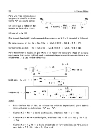 170 5.6 Apoyos Elásticos
Ma Mb
Para una viga simplemente
apoyada, la rotación en el ex-
tremo "a" se calcula como:
. ａｾＬｾｾ｟ｾＧｾＮＭＭＭＭＭＭＭＭＭＭＭＭＭＭＭＭＭＭＭＭＭＭｾＢ＠ ｾｾ＠
. l' '" (.(/
En tanto que la rotación del
resorte se determina como:
e (resorte) = M / K
- I  ｾｾ＠ Ma L Mb L
(a) 8 a (barra) = 3 E I 6 E I (b)
Con lo cual, la rotación total en uno de los extremos será: e = e (resorte) + e (barra).
De esta manera, en (a): ea = Ma / Ka + Ma L / 3 E I - Mb L / 6 E I [1]
Similarmente, en (b): eb = Mb / Kb - Ma L / 6 E I + Mb L / 3 E I [2]
Para determinar la rigidez al giro (Kab) y el factor de transporte (fab) en la barra
equivalente (con nudos rígidos), será cuestión de imponer condiciones de borde a las
ecuaciones [1] y [21, lo que conduce a:
'/ k () -7 fab I
Ma ｾＮ＠ ｾｾＡ＠ ｾＭＭＭＭＭＭＭＭＭＭＭＭＭＭＭＭｾｾ｜＠
-ftr t -- _'... _/ / ｾＺＯ＠ Mb=fabMa
(a) ea (b)
Mb 1
o > fab = = - - --- --- - -----
Ma 3 El
2 ( 1 + )
En (2) para 8b = O
LKb
Luego en (1): o .7
3EI
( 1 + -- ----
)
Ma 4 El LKb
Kab= -----
=
ea L 4EI 1 3 El 1
1 + ( + -
+ ) ,
L Ka LKaKb Kb
Para calcular fba y Kba, se utilizan las mismas expresiones, pero deberá
intercambiarse los subíndices "b" por "a".
Cuando Ka = Kb = O (biela biarticulada), entonces: Kab = O = Kba
Cuando Ka = Kb -+ oc (nudo rígido), entonces: Kab = 4E I/L = Kba y fab Y2
= fba
Cuando Ka -+ oc y Kb = O (barra empotrada en "a" y articulada en "b"), enton-
ces: Kab = 3 E I / L, fab = O, Kba = O.
 